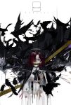  1girl angel arknights bird blackcat_enjia blood blood_from_mouth character_name commentary_request crow detached_wings energy_wings exusiai_(arknights) hair_over_one_eye halo highres open_mouth red_eyes red_hair short_hair skeleton solo wings 