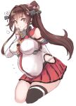  1girl arm_behind_back big_belly bloated blush breasts brown_eyes brown_hair collar hair_intakes hair_petal hand_to_own_mouth headgear kantai_collection large_breasts long_hair looking_at_viewer metal_collar red_skirt simple_background single_thighhigh skirt solo thighhighs utopia vore white_background yamato_(kancolle) 