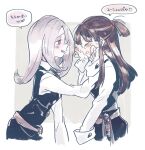  2girls bangs blush brown_hair closed_eyes crying from_side kagari_atsuko little_witch_academia long_hair long_sleeves luna_nova_school_uniform multiple_girls oyu_(oigatsu_o) pink_eyes profile purple_eyes rubbing_eyes school_uniform sharp_teeth simple_background sucy_manbavaran tears teeth topknot translation_request two-tone_background upper_body wiping_tears 