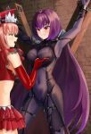  2girls bdsm bodysuit bondage bound breasts covered_navel dorachan_r elbow_gloves fate/grand_order fate_(series) gloves hair_intakes hat highres large_breasts long_hair medb_(alluring_chief_warden_look)_(fate) medb_(fate) multiple_girls peaked_cap pink_hair purple_bodysuit purple_hair red_eyes red_gloves red_headwear restrained scathach_(fate) stationary_restraints yellow_eyes 