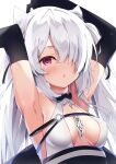  1girl :o armpits azur_lane bare_shoulders between_breasts black_gloves bow bowtie breasts dress elbow_gloves eyebrows_visible_through_hair gloves highres kiev_(azur_lane) kiev_(backstreet_silver_sonata)_(azur_lane) long_hair looking_at_viewer madotsukumo necktie necktie_between_breasts one_eye_covered red_eyes ribbon silver_hair simple_background solo twintails upper_body white_background white_dress white_necktie 