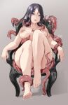  1girl absurdres anus areolae barefoot black_hair blue_eyes blush breasts chair collarbone completely_nude hair_lift highres long_hair medium_breasts nipples nude open_mouth original shiny shiny_hair sitting slime_(substance) solo steaming_body tentacles toes yilan_un 