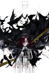  1girl angel arknights bird blackcat_enjia blood blood_from_mouth character_name commentary_request crow detached_wings energy_wings exusiai_(arknights) hair_over_one_eye halo highres open_mouth red_eyes red_hair short_hair skeleton solo wings 