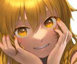  1girl bangs blonde_hair braid close-up commentary_request eyebrows_visible_through_hair eyelashes face fangs grin hair_between_eyes hands_on_own_face kageharu kirisame_marisa lips looking_at_viewer nail_polish simple_background single_braid smile touhou white_background yellow_eyes yellow_nails 