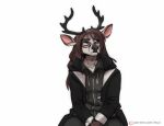  2022 anthro antlers black_nose breasts brown_hair cervid clothed clothing digital_media_(artwork) eyewear female glasses hair horn koul mammal simple_background solo white_background 
