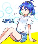  1girl ahoge alternate_costume blue_hair blue_shorts blush_stickers closed_mouth eyebrows_visible_through_hair feet_out_of_frame hair_between_eyes hairband highres multicolored_hairband pote_(ptkan) rainbow_gradient shirt short_hair short_sleeves shorts solo tenkyuu_chimata touhou white_shirt 