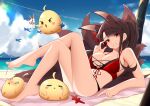  1girl absurdres aircraft airplane akagi_(azur_lane) akagi_(paradise_amaryllis)_(azur_lane) animal_ears azur_lane bangs barefoot beach beach_towel between_toes bikini blue_sky blunt_bangs breasts brown_hair catnnn cloud crossed_legs drinking_straw flower fox_ears fox_girl fox_mask fox_tail front-tie_bikini front-tie_top full_body hair_flower hair_ornament highres holding knees_up large_breasts long_hair looking_at_viewer lying manjuu_(azur_lane) mask multiple_tails on_back parted_lips ponytail red_bikini red_hair sand sky swimsuit tail thighs towel 