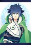  1boy armor black_hair buckler cape frown fur-trimmed_armor fur-trimmed_cape fur-trimmed_gloves fur_trim gloves green_eyes highres iwatani_naofumi looking_at_viewer rotten_tofu shield short_hair solo tate_no_yuusha_no_nariagari 