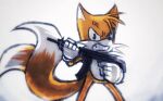  2022 2_tails 5_fingers angry anthro biped black_nose canid canine clenched_teeth clothing colored_sketch fingers fox fur gloves gun handwear hoodedmask looking_at_viewer machine_gun male mammal miles_prower motion_lines multi_tail orange_body orange_fur ranged_weapon sega shadow_the_hedgehog_(video_game) simple_background sketch solo sonic_the_hedgehog_(series) standing teeth weapon white_background white_body white_clothing white_fur white_gloves white_handwear 