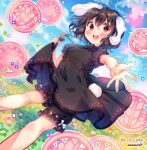  1girl alternate_color amo_(shibu3) animal_ears artist_name bangs black_dress black_hair bloomers blue_sky carrot_necklace clothes_pull cloud clover dress dress_pull floppy_ears four-leaf_clover highres inaba_tewi looking_at_viewer open_mouth outdoors pulled_by_self rabbit_ears rabbit_tail red_eyes short_hair short_sleeves sky solo tail teeth touhou underwear upper_teeth 