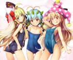  3girls ^^^ adjusting_clothes adjusting_swimsuit ahoge antennae arched_back arm_behind_head arm_up ass ass_visible_through_thighs bangs bare_arms bare_shoulders blonde_hair blue_eyes blue_swimsuit blush bow breasts butterfly_wings cameltoe chima_q closed_mouth clownpiece collarbone competition_swimsuit covered_navel covered_nipples cowboy_shot d: diagonal_stripes eternity_larva eyebrows_visible_through_hair eyes_visible_through_hair fairy fairy_wings flat_chest from_side hair_between_eyes hat hat_bow heart highres jester_cap leaf leaf_on_head legs_apart lens_flare light_blue_hair lily_white long_hair looking_at_viewer multiple_girls old_school_swimsuit one-piece_swimsuit open_mouth outline pink_headwear polka_dot polka_dot_headwear red_bow red_eyes school_swimsuit short_hair skin_tight small_breasts smile standing striped striped_background surprised sweatdrop swimsuit taut_clothes thigh_gap thighs tilted_headwear touhou transparent_wings very_long_hair white_headwear white_outline wings 
