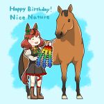  1girl animal_ears black_dress bow bowtie brown_footwear closed_eyes common_race_outfit_(umamusume) creature_and_personification dress ear_covers happy_birthday highres horse horse_ears horse_girl horse_tail medium_hair nice_nature_(racehorse) nice_nature_(umamusume) oishii_oil real_life red_hair striped striped_bow striped_bowtie tail umamusume 