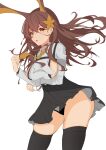  1girl absurdres animal_ears arm_under_breasts azur_lane black_legwear black_skirt braid breasts brown_hair chikuma_(azur_lane) flat_color flower hair_between_eyes hair_flower hair_ornament high-waist_skirt highres long_hair looking_at_viewer m0res medium_breasts necktie orange_flower orange_necktie side_braid sideboob simple_background skirt solo standing thighhighs unfinished white_background yellow_eyes zettai_ryouiki 