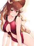  1girl anthuria bangs blush breasts brown_hair commentary_request competition_swimsuit erune eyebrows_visible_through_hair granblue_fantasy highres koretsuki_azuma long_hair looking_at_viewer medium_breasts navel one-piece_swimsuit red_eyes red_swimsuit smile solo swimsuit thighs 