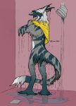  absurd_res anthro brown_eyes claws digital_drawing_(artwork) digital_media_(artwork) dripping einin feet fur green_body green_fur grey_body grey_fur hair hi_res long_legs long_tail looking_at_viewer looking_back male mammal markings nude puddle rear_view relaxing ren_(disambiguation) sergal shower shower_head showering signature simple_background small_waist smile solo standing towel water wet wet_body wet_fur white_body white_fur yellow_body yellow_fur yellow_markings 