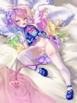  1girl :3 absurdres ahoge angel_wings animal_ear_legwear ankle_strap arm_up aroused ass_visible_through_thighs bed_sheet belly blonde_hair blue_dress blue_eyes blue_footwear blue_hair blush bow breasts brooch bunny_ear_legwear commentary constellation_print demon_girl demon_horns demon_tail detached_wings double_bun dress emberlith fang footwear_bow frilled_dress frilled_panties frills grabbing_own_thigh gradient_hair green_hair hair_ornament hair_ribbon halo heart_ahoge heterochromia highres horns indie_virtual_youtuber jewelry jpml layered_dress leg_up lying magical_girl mini_wings multicolored_hair naughty_face navel on_back on_bed panties pillow pink_bow pink_hair pointy_ears purple_eyes purple_hair ribbon short_dress skindentation sleeveless sleeveless_dress small_breasts solo star-shaped_pupils star_(symbol) star_hair_ornament starry_sky_print stomach string_panties symbol-shaped_pupils tail thigh_grab thighhighs thighs two_side_up underwear v virtual_youtuber white_legwear white_panties wings yellow_ribbon 