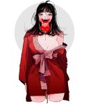  1girl :d bangs black_eyes black_hair blood blood_on_face blunt_bangs blush bobbbob bow breasts cowboy_shot half-closed_eyes long_hair messy_hair off_shoulder open_mouth original robe smile wardrobe_malfunction 