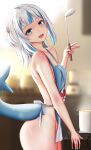  1girl apron ass bangs bare_shoulders blue_apron blue_eyes blunt_bangs blush cooking fish_tail from_side ginhaha hair_ornament highres hololive hololive_english looking_at_viewer naked_apron shark_girl shark_tail solo standing tail virtual_youtuber white_hair 