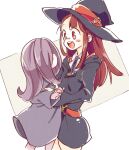  2girls bangs brown_hair carrying hat highres kagari_atsuko little_witch_academia long_sleeves luna_nova_school_uniform multiple_girls open_mouth oyu_(oigatsu_o) pale_skin purple_hair red_eyes school_uniform shirt simple_background sucy_manbavaran two-tone_background upper_body white_shirt witch witch_hat 