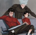  1girl 2boys abs bangs baseball_bat black_eyes black_hair black_skirt brother_and_sister brown_eyes closed_mouth couch crossed_arms frown garou_(one-punch_man) grey_hair hair_ornament hair_slicked_back hairpin highres kinzoku_bat long_sleeves looking_away marrbl multiple_boys muscular muscular_male on_couch one-punch_man pants parted_bangs pointy_hair scar scar_on_face shoes short_hair siblings sitting skin_tight skirt socks spiked_hair tight turtleneck weapon white_legwear yellow_eyes zenko_(one-punch_man) 