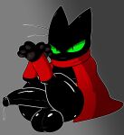  anthro azureinthedark balls black_body black_fur bodily_fluids cape cartoon_network clothing domestic_cat felid feline felis fur genital_fluids genitals green_eyes half-erect hi_res humanoid_genitalia humanoid_penis legs_up male mammal mao_mao:_heroes_of_pure_heart pawpads penis precum sheriff_mao_mao_mao solo 