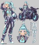  1girl alternate_hairstyle aqua_eyes aqua_hair belt boot_straps boots braid bubble_blowing ear_piercing earrings facial_tattoo fingerless_gloves fishnet_top fishnets french_braid gloves ground_vehicle hair_pulled_back hatsune_miku highres hoop_earrings jewelry leather motor_vehicle motorcycle pants piercing solo standing tattoo tipsytrains 