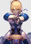  1girl absurdres ahoge armor armored_dress artoria_pendragon_(fate) bangs blonde_hair blue_dress braid breastplate breasts dress excalibur_(fate/stay_night) fate/stay_night fate_(series) faulds french_braid gauntlets green_eyes hair_ribbon highres juliet_sleeves long_hair long_sleeves looking_at_viewer medium_breasts nakanishi_tatsuya puffy_sleeves ribbon saber solo sword weapon 