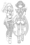  2girls bangs blush breasts chest_jewel cleavage earrings fiora_(xenoblade) gloves headpiece highres jewelry kinagi_(3307377) large_breasts looking_at_viewer monochrome multiple_girls navel open_mouth pyra_(xenoblade) short_hair shorts simple_background smile swept_bangs thighhighs tiara xenoblade_chronicles xenoblade_chronicles_(series) xenoblade_chronicles_2 