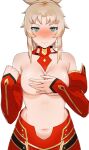  1girl absurdres armor armored_dress blonde_hair blush breasts buffy_(risottosf) clenched_hand covering covering_breasts cowboy_shot detached_collar detached_sleeves expressionless fate/grand_order fate_(series) green_eyes highres looking_at_viewer medium_breasts mordred_(fate) mordred_(fate/apocrypha) navel nose_blush sidelocks solo topless v-shaped_eyebrows white_background 