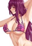  1girl absurdres arm_up armpits bangs bikini breasts cleavage fate/grand_order fate_(series) freed_turing highres large_breasts long_hair looking_at_viewer navel parted_lips profile purple_bikini purple_hair red_eyes scathach_(fate) scathach_(swimsuit_assassin)_(fate) simple_background solo swimsuit upper_body white_background 