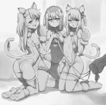  1boy 3girls animal_ear_fluff animal_ears animal_feet animal_hands bangs bell bikini breasts cat_ears cat_tail center_opening chloe_von_einzbern collar fake_animal_ears fake_tail fang fate/kaleid_liner_prisma_illya fate_(series) hair_bell hair_ornament highres holding holding_leash illyasviel_von_einzbern karmaniac kneeling leash leotard long_hair maid_bikini maid_headdress medium_hair micro_bikini midriff miyu_edelfelt multiple_girls navel parted_bangs pet_play side_ponytail small_breasts smug stomach swimsuit tail thighhighs 