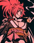 1girl amputee baiken big_hair breasts cleavage eyepatch facial_tattoo guilty_gear guilty_gear_strive japanese_clothes katana kimono large_breasts long_hair moshimoshibe one-eyed open_clothes open_kimono pink_hair ponytail samurai scar scar_across_eye scar_on_face simple_background smile solo sword tattoo weapon white_kimono 