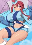  1girl blue_gloves blue_jacket blue_shorts breasts cropped_jacket gloves hair_ornament highres huge_breasts jacket jaga334 midriff one_side_up pokemon purple_eyes red_hair short_hair_with_long_locks short_shorts shorts sidelocks skyla_(pokemon) solo thigh_pouch turtleneck 