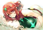  1girl bangs black_swimsuit breasts chest_jewel competition_swimsuit covered_collarbone covered_navel gem headpiece highres large_breasts one-piece_swimsuit pyra_(pro_swimmer)_(xenoblade) pyra_(xenoblade) red_eyes red_hair red_swimsuit ribbed_swimsuit short_hair solo strapless strapless_swimsuit striped striped_swimsuit swept_bangs swimsuit tiara two-tone_swimsuit vertical-striped_swimsuit vertical_stripes wochi xenoblade_chronicles_(series) xenoblade_chronicles_2 
