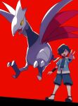  1boy bird black_wristband blue_eyes blue_hair blue_jacket blue_kimono commentary_request falkner_(pokemon) hair_over_one_eye highres jacket japanese_clothes kimono kneehighs male_focus open_clothes open_jacket open_mouth outstretched_arm pokemon pokemon_(creature) pokemon_(game) pokemon_hgss red_background sash shoes short_hair short_sleeves skarmory standing tongue tyako_089 white_legwear wristband 