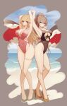  2girls absurdres armpits arms_up azur_lane bare_legs beach beach_umbrella black_swimsuit blonde_hair blue_sky breasts brown_footwear brown_hair casual_one-piece_swimsuit cleavage closed_mouth clothing_cutout covered_navel day full_body high_heels high_ponytail highres jean_bart_(azur_lane) large_breasts long_hair looking_at_viewer multiple_girls one-piece_swimsuit outdoors pink_eyes pink_swimsuit richelieu_(azur_lane) richelieu_(fleuron_of_the_waves)_(azur_lane) sky standing swimsuit thigh_strap umbrella underboob underboob_cutout very_long_hair white_footwear yuuraku_yuraku 