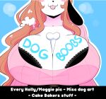  2019 anthro between_breasts big_breasts black_nose blue_background blush blush_stickers bone bra breast_focus breasts brown_hair canid canine canis cleavage clothed clothing digital_drawing_(artwork) digital_media_(artwork) domestic_dog dress fangs female front_view fur hair happy holly_applebee huge_breasts long_hair mammal mature_female mother parent pink_clothing pink_dress simple_background smile solo standing theycallhimcake tongue tongue_out underwear white_body white_fur writing_on_breasts 