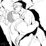  2boys arm_hair bara beard blush chest_hair facial_hair fat fat_man from_above gasu-chan_(illustguess) greyscale hairy halo highres kiss kissing_neck large_pectorals lying male_focus mature_male monochrome multiple_boys muscular muscular_male navel navel_hair nipples on_bed on_side original pants pectorals short_hair sideburns sleeping smile stubble sweatdrop topless_male yaoi 
