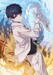  1boy absurdres bangs black_hair black_shirt blue_eyes book chaeg_meogneun_mabeobsa cover cover_image cover_page dragon fire hair_behind_ear highres holding holding_book jacket jin_rou looking_at_viewer male_focus manhwa official_art open_mouth pants shirt skull solo white_jacket white_pants 