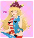  1girl alternate_costume american_flag american_flag_legwear american_flag_shirt blonde_hair breasts censored clownpiece eyebrows_visible_through_hair fairy fang frilled_shirt_collar frills hat heart heart_censor highres jester_cap leggings long_hair looking_at_viewer neck_ruff no_panties no_wings pants pantyhose pink_background pink_eyes polka_dot signature simple_background small_breasts solo star_(symbol) star_print striped thighs touhou undressing utuhomazikaru v very_long_hair 