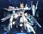  1girl alice_gear_aegis bangs blonde_hair blue_eyes floating frilled_legwear gloves grey_leotard gun highres holding holding_gun holding_weapon holographic_interface leotard long_hair looking_at_viewer low_ponytail mecha_musume rita_henschel science_fiction smile solo thighhighs v-shaped_eyebrows weapon white_gloves yaki_(24centimetre) 