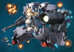  1girl alice_gear_aegis bangs blonde_hair blue_eyes breasts cleavage collarbone explosion eyebrows_visible_through_hair flying grey_jacket gun highres holding holding_gun holding_weapon jacket large_breasts low_ponytail mecha_musume open_mouth rita_henschel shoulder_cannon solo space v-shaped_eyebrows weapon yaki_(24centimetre) 