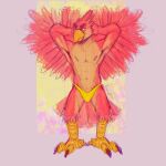  2022 anthro avian beak bedroom_eyes bird bulge claws clothing digital_media_(artwork) feathered_wings feathers green_eyes koorivlf male mostly_nude muscular muscular_male narrowed_eyes navel nipples pink_body pink_feathers raised_arm seductive signature simple_background solo speedo speedo_only swimwear talons underwear wings yellow_clothing yellow_underwear 