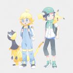  2boys ahoge akasaka_(qv92612) backpack bag baseball_cap black_footwear black_hair black_pants blonde_hair blue_jumpsuit capri_pants clemont_(pokemon) commentary_request glasses green_footwear green_headwear grey_eyes hat heliolisk high_collar highres jumpsuit long_sleeves male_focus medium_hair multiple_boys pants pikachu pokemon pokemon_(creature) pokemon_(game) pokemon_masters_ex pokemon_xy round_eyewear scottie_(pokemon) shirt shoes short_hair short_sleeves sleeveless sleeveless_jacket t-shirt white_bag zipper_pull_tab 