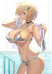  1girl bikini blonde_hair blue_eyes breasts eyebrows eyebrows_visible_through_hair large_breasts mecha_musume navel original short_hair skindentation solo sophia_f_shirring swimsuit takamine_nadare towel wet 