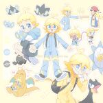  &gt;_&lt; 1girl 2boys ahoge akasaka_(qv92612) alternate_color ash_ketchum backpack bag black_footwear blonde_hair blue_jumpsuit bonnie_(pokemon) brother_and_sister clemont_(pokemon) closed_eyes commentary_request dragonite fist_bump glasses heart highres jumpsuit long_sleeves luxio luxray mechanical_arms medium_hair multiple_boys poke_ball_symbol pokemon pokemon_(anime) pokemon_(game) pokemon_masters_ex pokemon_swsh_(anime) round_eyewear shinx shoes siblings sparkle white_bag younger 