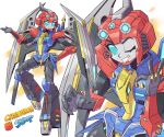  1girl autobot blue_eyes character_name hand_on_hip highres looking_at_viewer mecha mechanical_wings multiple_views one_eye_closed open_hand science_fiction smile sunafuki_tabito swoop_(transformers) transformers transformers_cyberverse v-shaped_eyebrows wings 