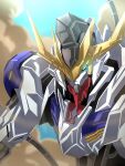  aki.10_01 blue_eyes cable cable_tail glowing glowing_eye gundam gundam_barbatos gundam_barbatos_lupus_rex gundam_tekketsu_no_orphans highres looking_at_viewer mecha mechanical_tail mobile_suit no_humans portrait science_fiction sky smoke solo tail v-fin 