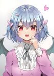  1girl bangs bat_wings blush eyebrows_visible_through_hair frills grey_background hair_between_eyes hair_ornament hair_ribbon hand_up heart highres long_sleeves looking_at_viewer neck_ribbon open_mouth pink_ribbon pointy_ears red_eyes remilia_scarlet ribbon shironeko_yuuki shirt short_hair solo touhou upper_body white_background wings 