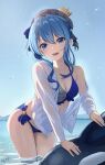  1girl :d beret bikini blue_bikini blue_eyes blue_hair blue_nails blue_sky breasts cleavage contrapposto cowboy_shot crown eyebrows_visible_through_hair hat highres hip_focus hololive hoshimachi_suisei inflatable_toy jacket leaning_on_object looking_at_viewer m.a.y. mini_crown ocean open_mouth orca plaid_headwear side-tie_bikini sidelocks single_bare_shoulder sky small_breasts smile solo swimsuit teeth thighs upper_teeth virtual_youtuber water wet wet_clothes white_jacket 